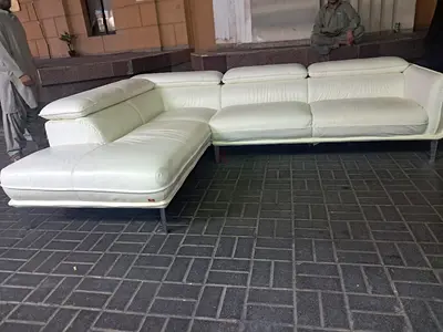 White L-shaped Leather Corner Sofa - 3 Seater with Chaise