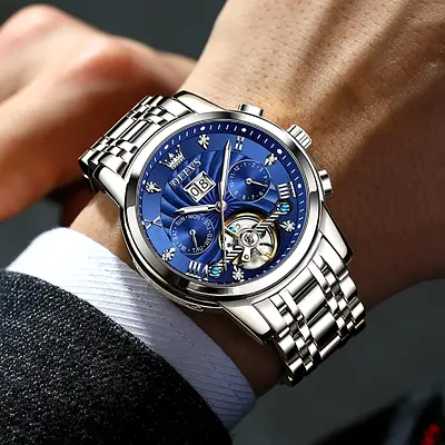 Automatic Stainless Steel Men's Watch with Blue Dial