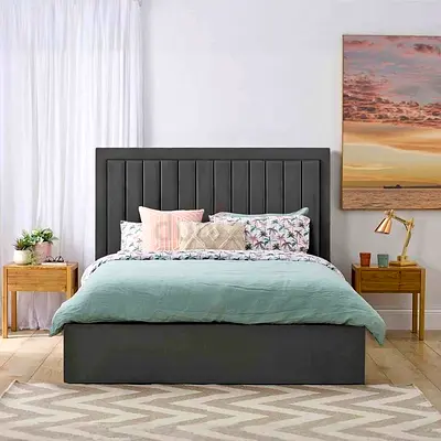 New Gray upholstered Queen Size bed with padded headboard and storage base and Mattress