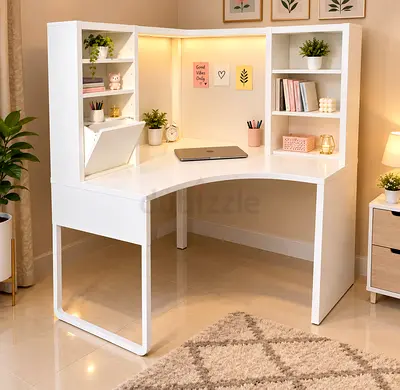 White Corner Study Desk with Shelves and Built-in Storage