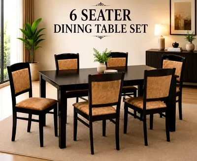 Solid Wood 6-Seater Dining Table Set with Upholstered Chairs