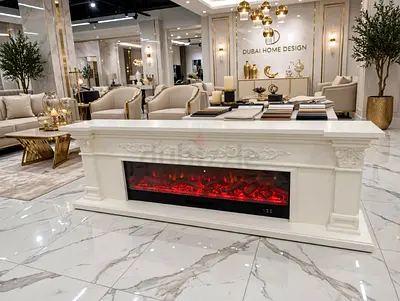 Large White Marble-Style Electric Fireplace Console / TV Stand