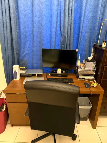 Wooden corner study desk with storage and office chair (used). FREE CHAIR