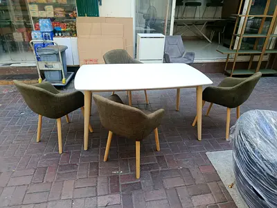White Top Dining Table with 4 Olive Fabric Chairs - Good Condition