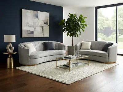Pair of Curved Grey Fabric Sofas - Modern 3+2Seater Set