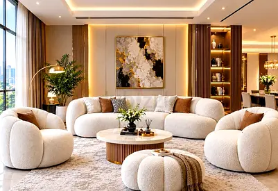 New luxury 3 seater boucle covered sofa with chairs