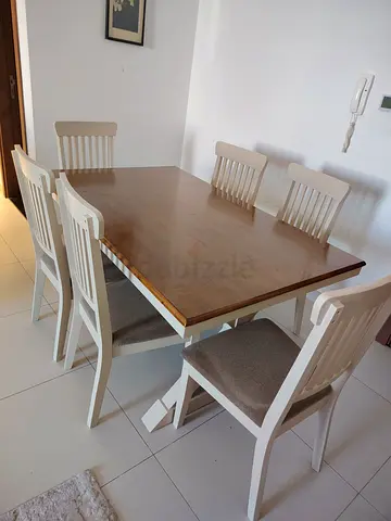 Solid Wood 6-Seater Dining Table with Cushioned Chairs - White Base, Brown Top