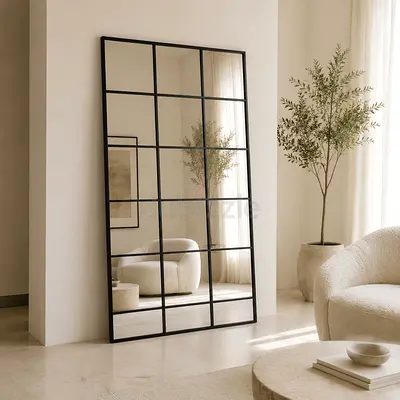 Large Black Grid Floor Mirror - Industrial Windowpane Style