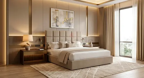 Comfortable Upholstered Bed – Thick Cushioned Headboard – Soft Beige Fabric