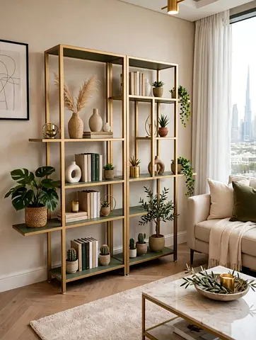 Modern Gold Metal Open Bookshelf / Display Shelves (Pair)