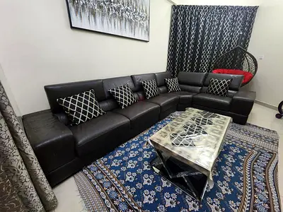 Large L-shaped black leather sofa set - comfortable family corner sofa