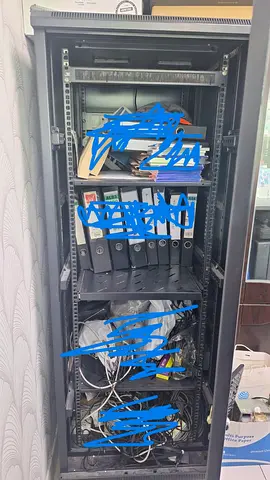 Used Server Rack/Cabinet with Shelves and Mixed Networking Equipment