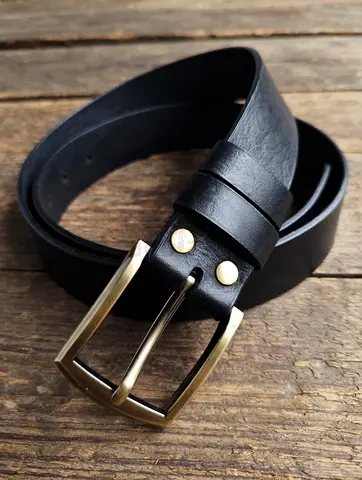 Classic Black Leather Belt with Brass Buckle