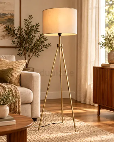 Elegant Gold Tripod Floor Lamp | Beige Fabric Shade