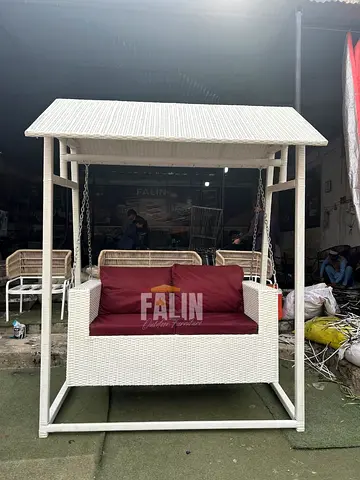 White Wicker Outdoor 2-Seater Swing with Canopy and Cushions