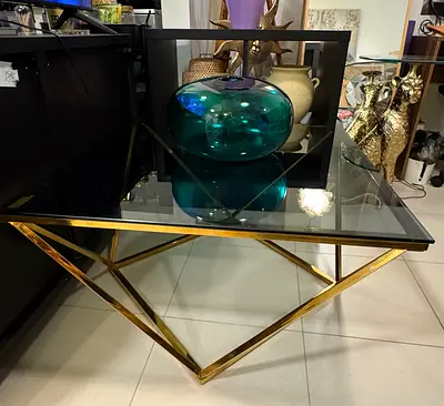Glass Top Coffee Table with Gold Geometric Metal Base 80x80x44cm