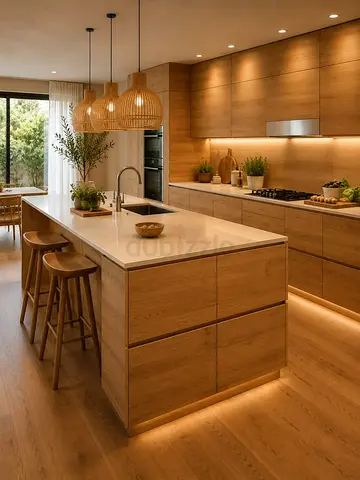 Modern wooden kitchen island with integrated storage and stools