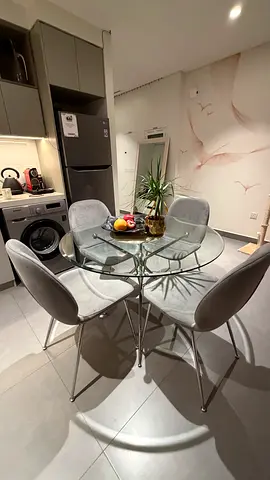 Glass Round Dining Table 110 x 110 cm with 4 Grey Chairs - Excellent Condition