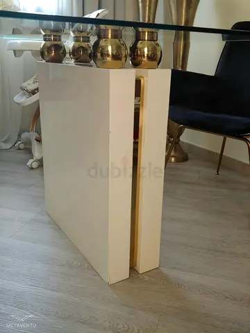 Luxury Glass Top Dining Table with White Lacquer & Gold Accent Base