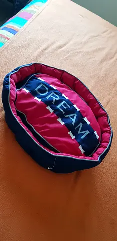 Oval Dog Bed with Removable "DREAM" Cushion – Red & Navy