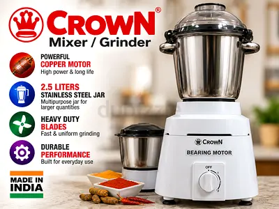 Crown 1400W Mixer Grinder – 2.5L + 1L Jars, Copper Motor
