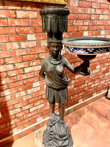 Rare Antique 140cm Bronze Blackamoor Floor Statue - Venetian Nubian Pedestal with Porcelain Bowl