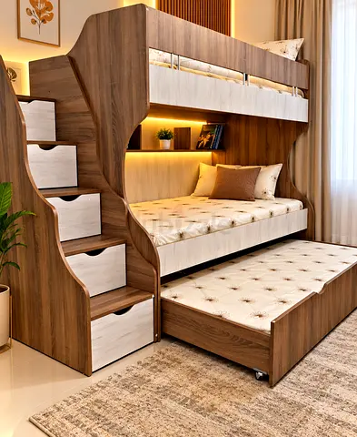 Triple Bunk Bed with Storage Staircase and Trundle
