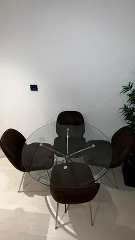 Glass Round Dining Table with 4 Brown Velvet Chairs - Compact Set