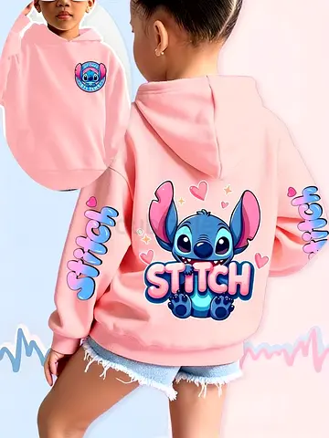 Cute Pink Stitch Hoodie for Kids, Size Suitable for Children