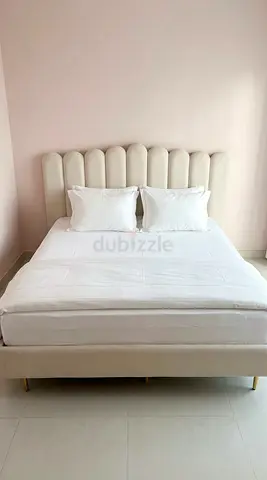 Upholstered Queen Bed with Padded Headboard - Cream with medical mattress