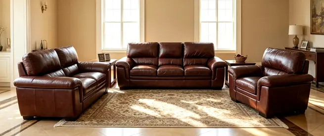 Used 3-piece Brown Leather Sofa Set — 3-seater + 2-seater + Armchair