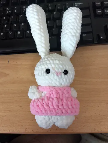 Handmade Plush Crochet Bunny Toy - White with Pink Dress