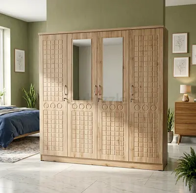 4-Door Wooden Wardrobe with Mirror Panels - Light Oak Finish