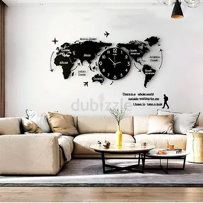 Modern World Map Wall Clock Decorative Sticker for Living Room