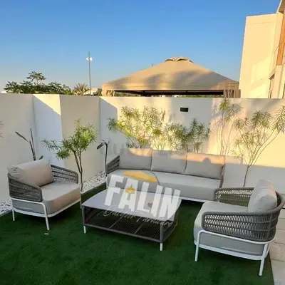 Outdoor 5 piece rattan lounge set with coffee table - beige cushions