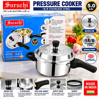 Suruchi Steelex Pro 5L Stainless Steel Pressure Cooker – Glass Lid