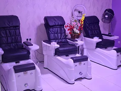 Three professional pedicure spa chairs with foot baths and normal chairs with AC and Sofa