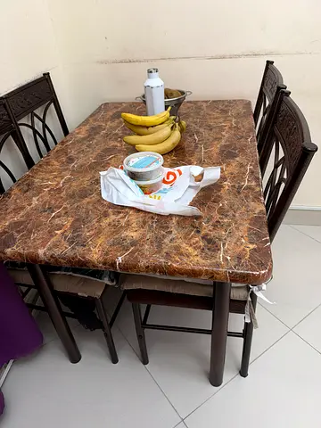 Wooden Dining Table with Marble-Pattern Top and 4 Chairs - Good Condition