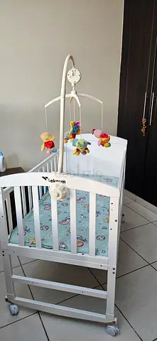 White Baby Crib with Mattress - Good Condition