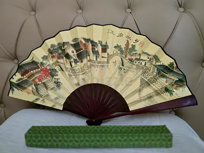 Brand New Vintage Bamboo Hand Fan with Box Large Size
