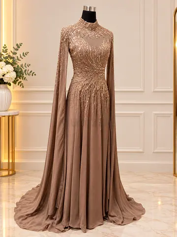 Elegant beaded floor-length evening gown with cape sleeves - size available on request