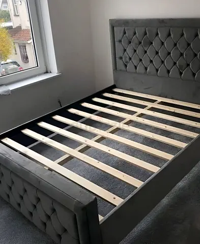 Grey Velvet King Size Bed Frame with Tufted Headboard