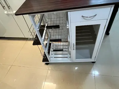 Mobile kitchen island cart with sliding  fruit baskets, seasoning rack and cupboard