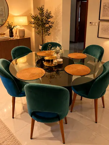 Round Glass Dining Table with 6 Velvet Chairs - Dark Green