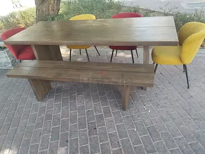 West Elm Solid Wood Dining Table with Bench and 4 Fabric Chairs — Good Condition
