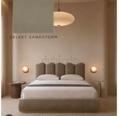 King size upholstered bed with scalloped headboard - Velvet Sandstorm