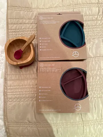Set of 2 Silicone Divided Baby Plates + Bamboo Bowl with Spoon - used only twice