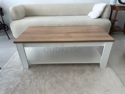 Wood Top Coffee Table with Lower Shelf — Light Oak & White
