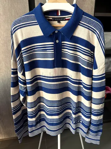 Men's Tommy Hilfiger Blue & White Striped Long Sleeve Polo Sweater - XL