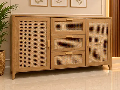 Sideboard with Rattan Doors — 3 Drawers & 2 Cabinets